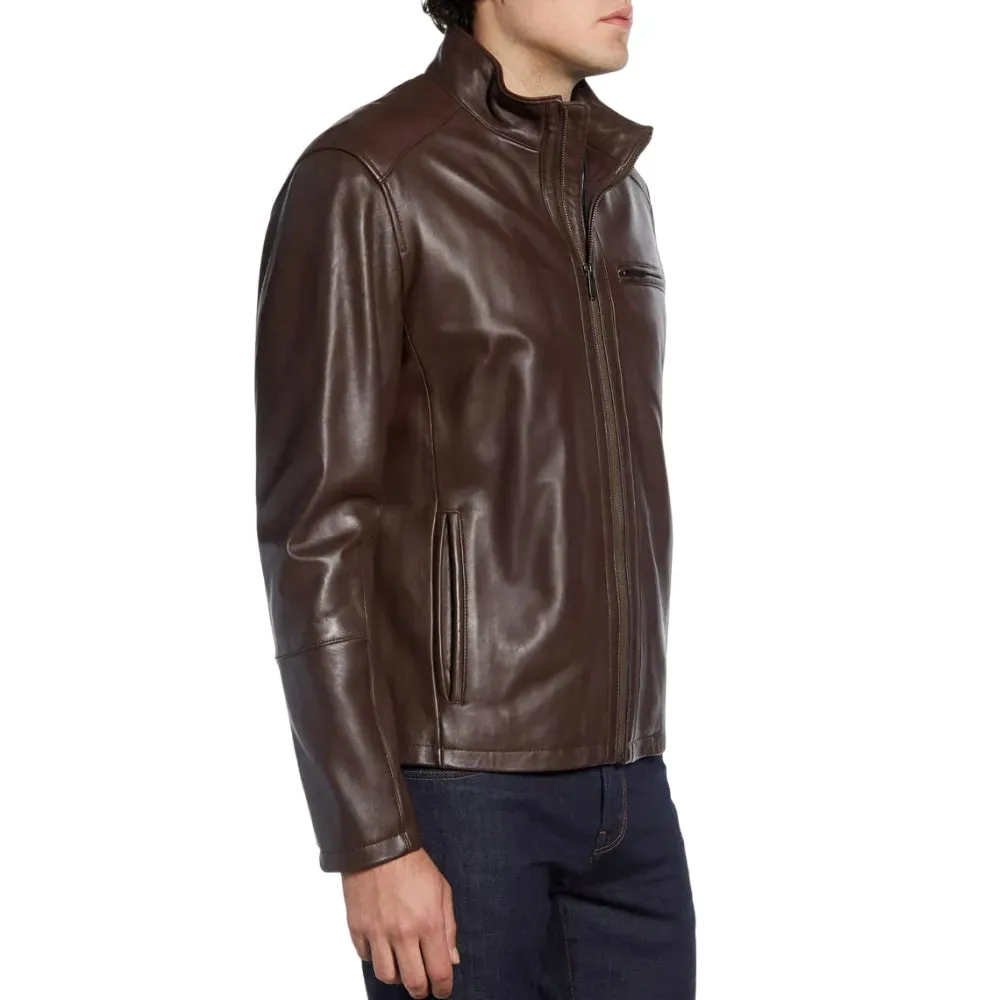 Mens Brown Lambskin Leather Moto Jacket