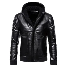 Men's Casual Hooded Slim Fur Coat Men's Slim Solid Color Leather Jacket Men Winter Zipper Patchwork Faux Leather Coats