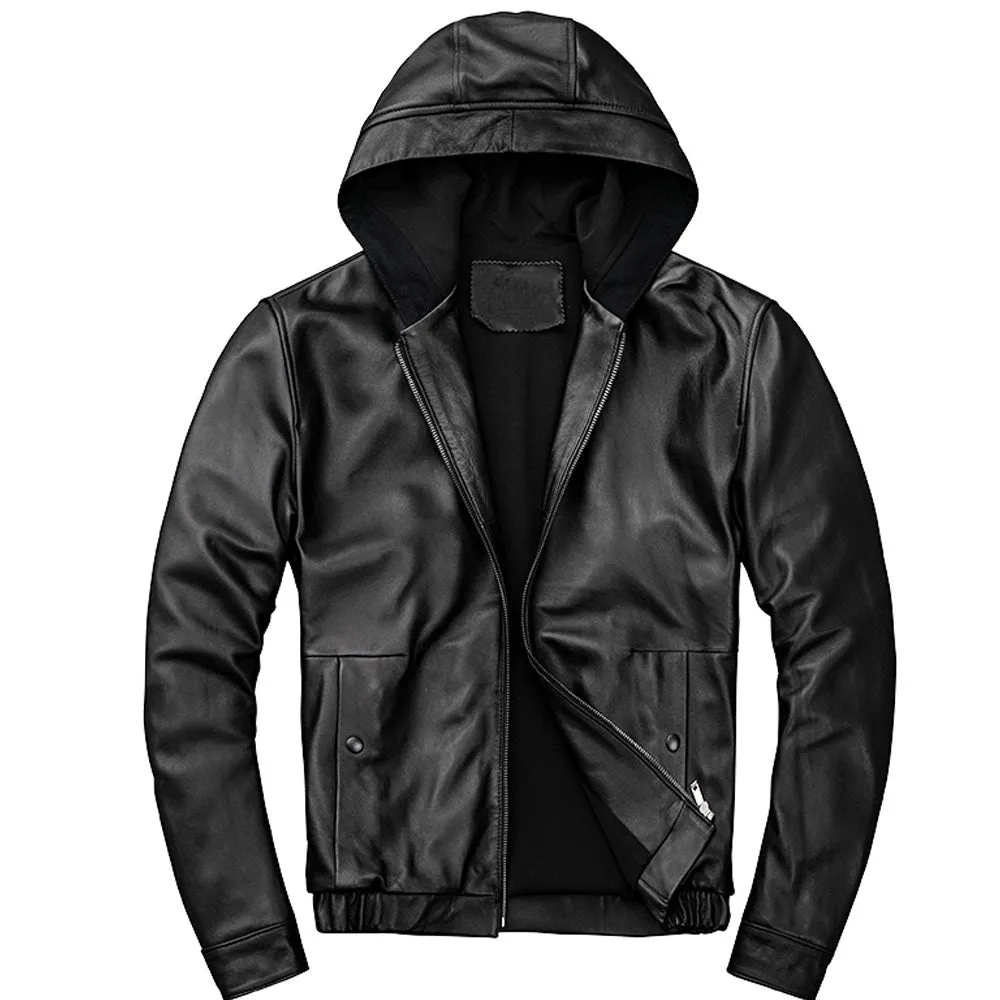 Mens Edwin Genuine Black Leather Hooded Bomber Jacket