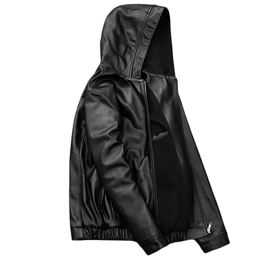 Mens Edwin Genuine Black Leather Hooded Bomber Jacket