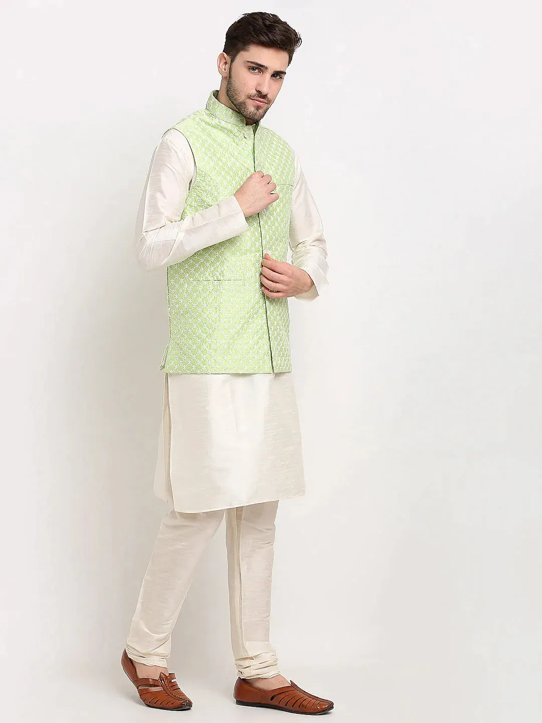 Men'S Green Green And White Embroidered Nehru Jacket