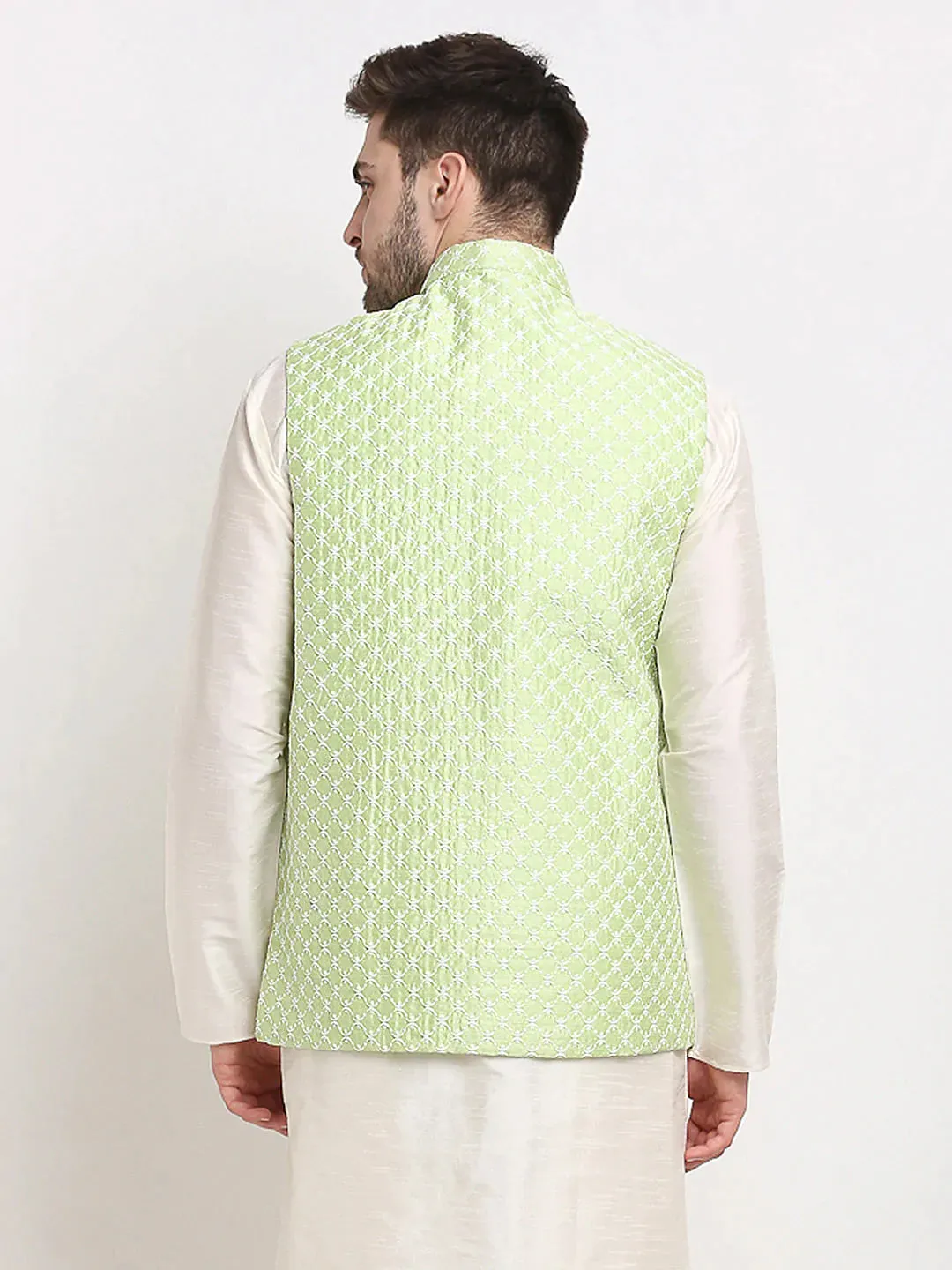 Men'S Green Green And White Embroidered Nehru Jacket