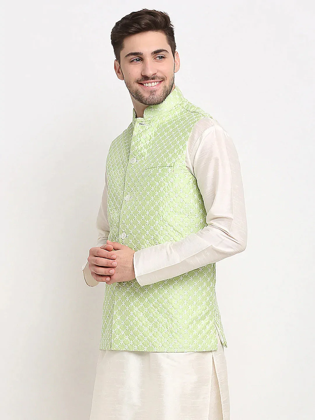 Men'S Green Green And White Embroidered Nehru Jacket