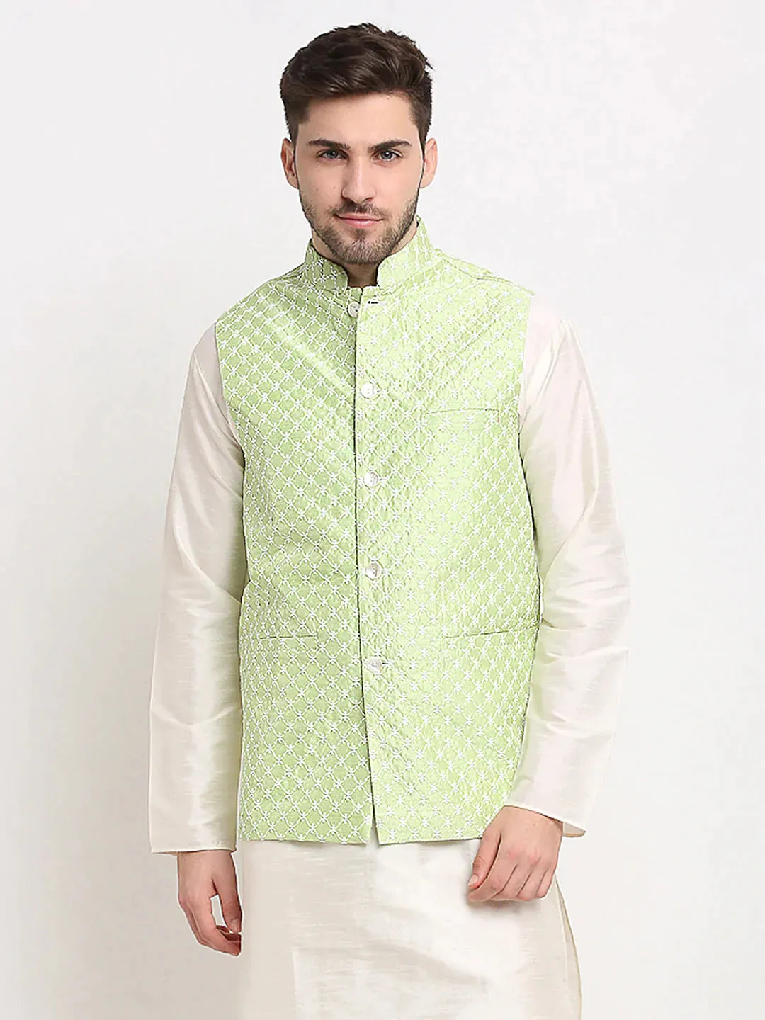 Men'S Green Green And White Embroidered Nehru Jacket