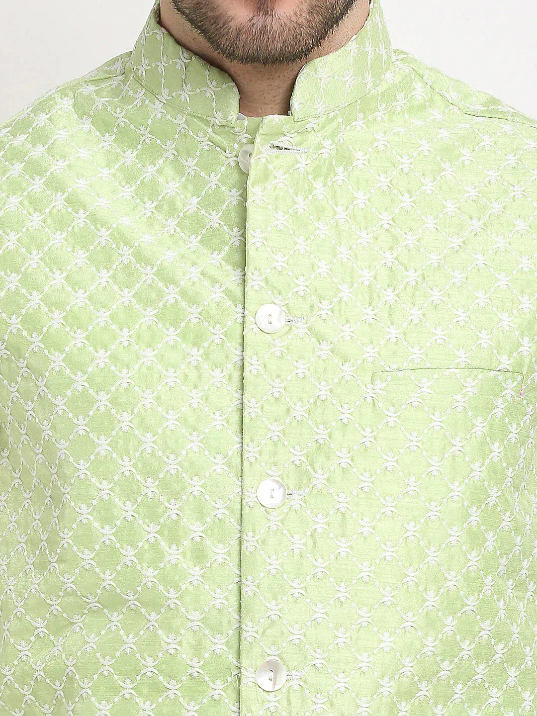 Men'S Green Green And White Embroidered Nehru Jacket