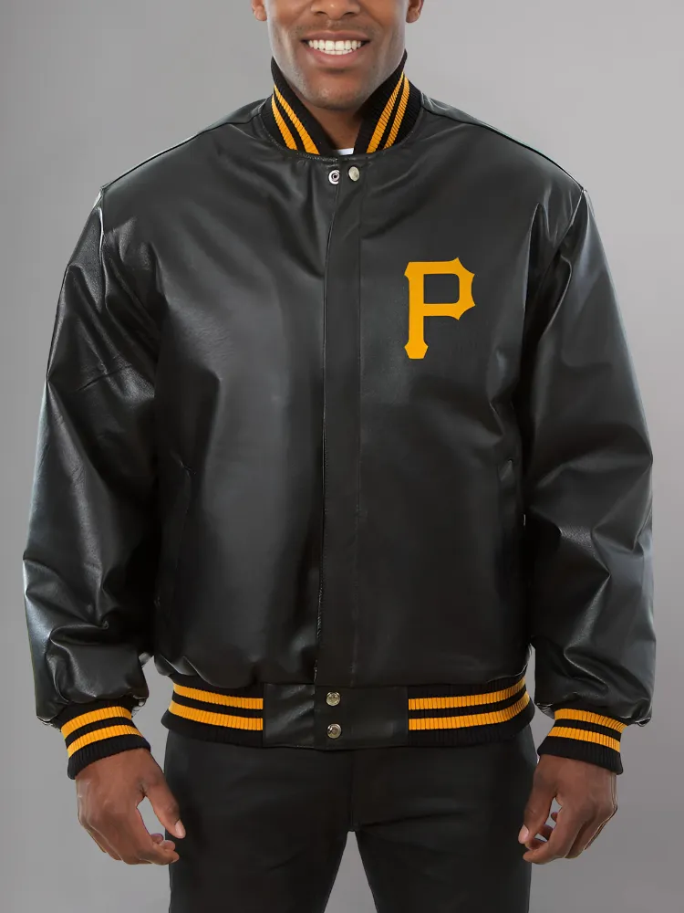 Mens Majestic Pittsburgh Pirates Letterman Bomber Black Jacket