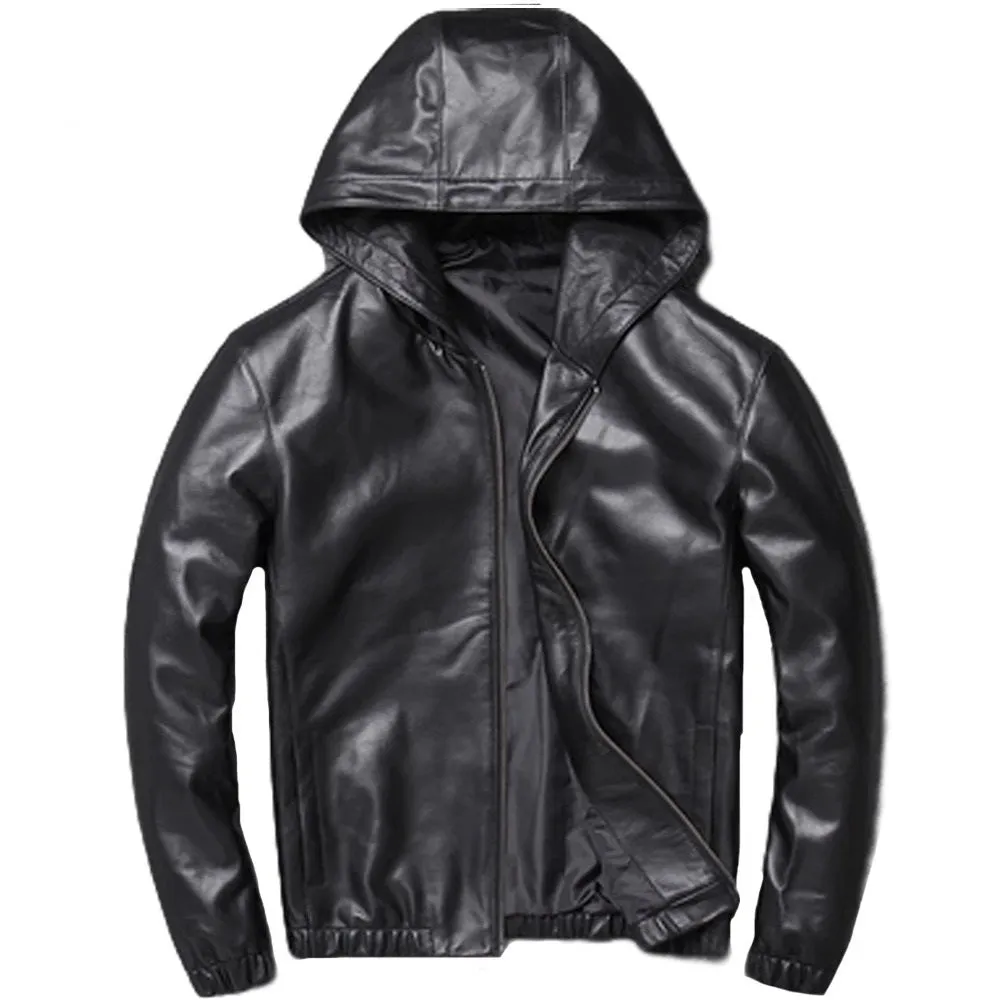 Mens Nico Simple Genuine Lambskin Leather Hooded Bomber Jacket