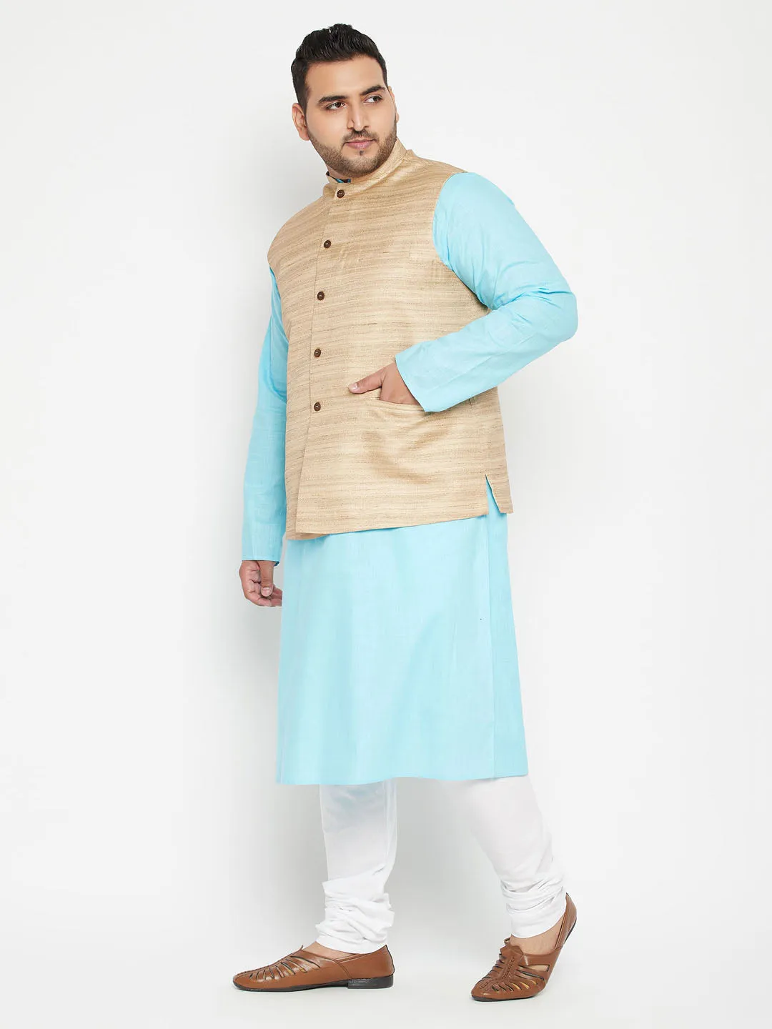 Men's Plus Aqua Blue, Beige And White Cotton Blend Jacket Kurta Pyjama Set - Vastramay