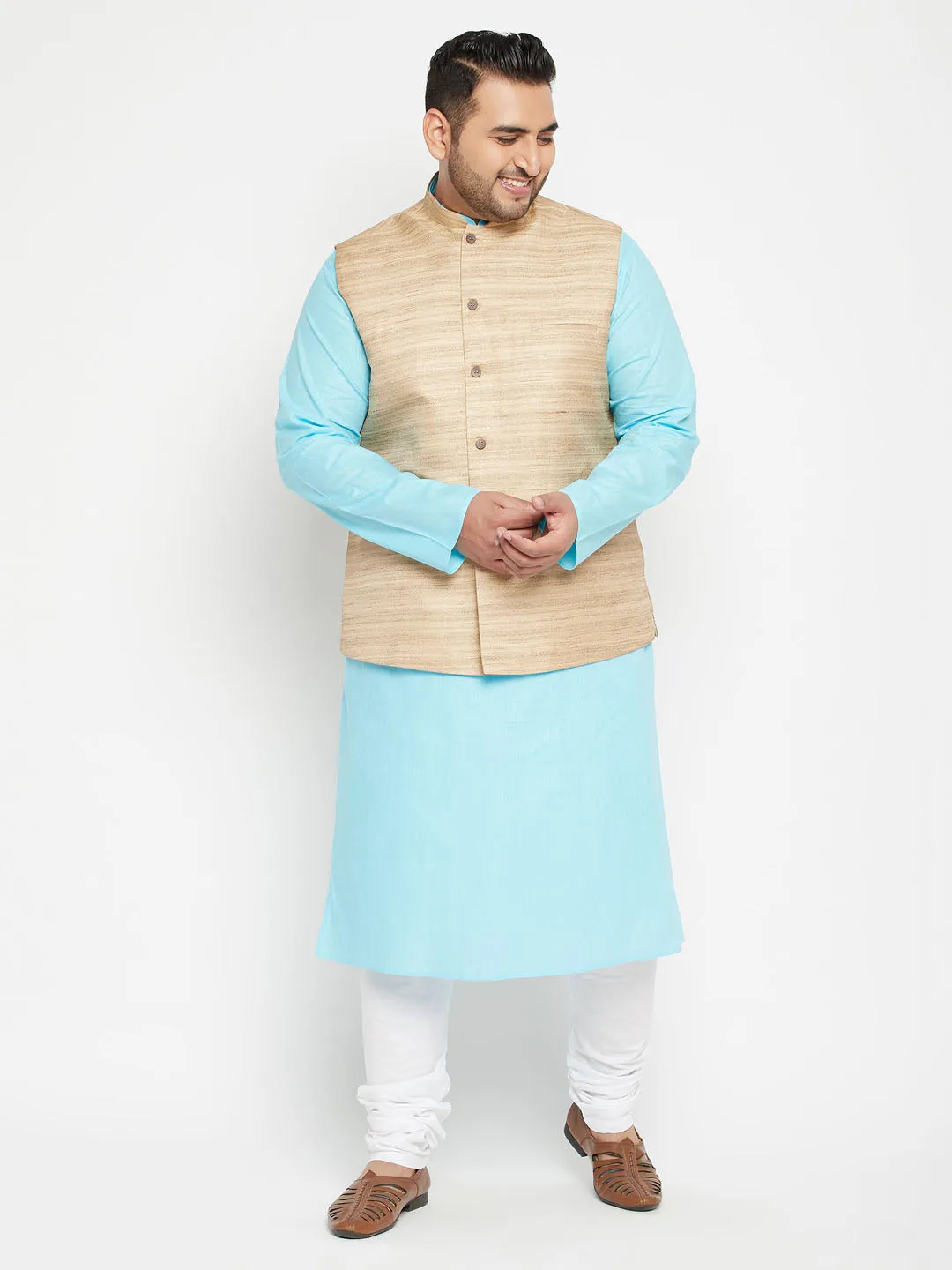 Men's Plus Aqua Blue, Beige And White Cotton Blend Jacket Kurta Pyjama Set - Vastramay