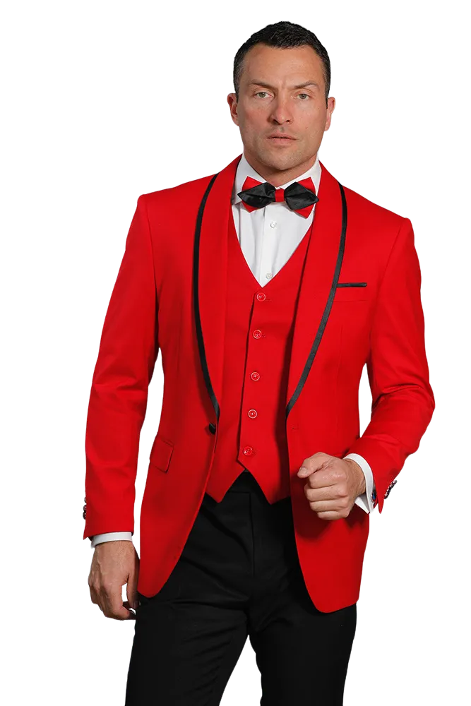 Men's Red Tuxedo Slim-Fit Single Breast One Buttons Vested and Bowtie