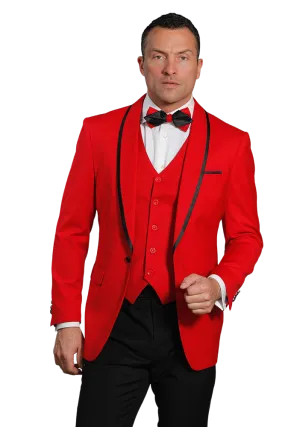 Men's Red Tuxedo Slim-Fit Single Breast One Buttons Vested and Bowtie