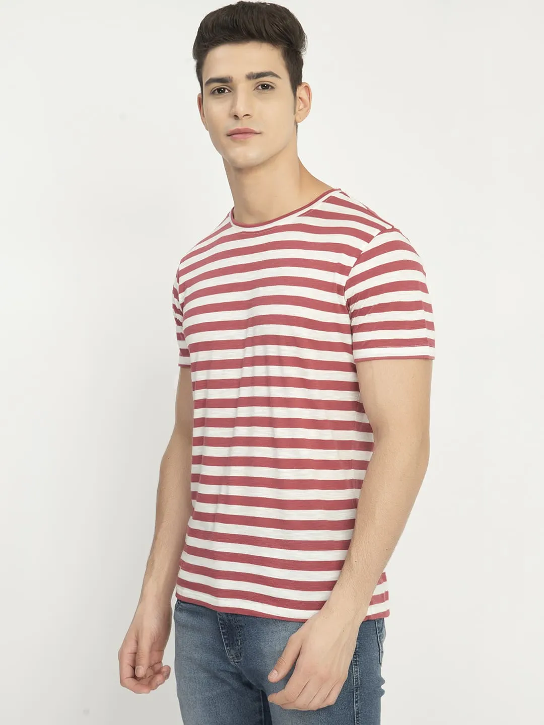 Men's Red White Striped Casual T-Shirt