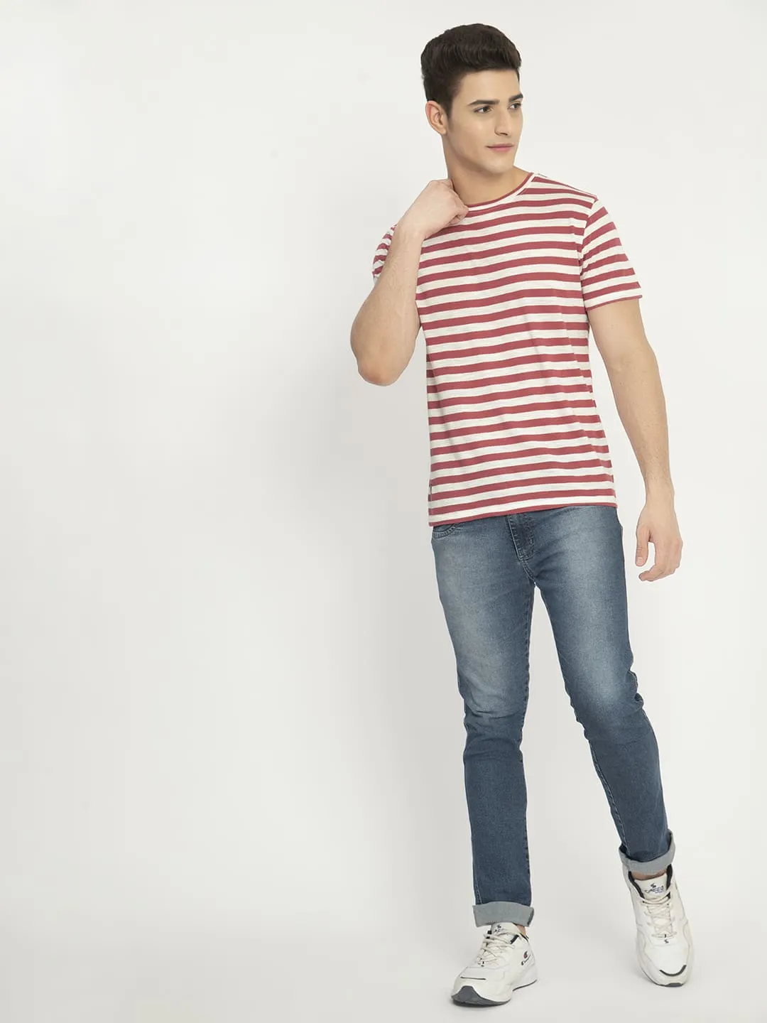 Men's Red White Striped Casual T-Shirt