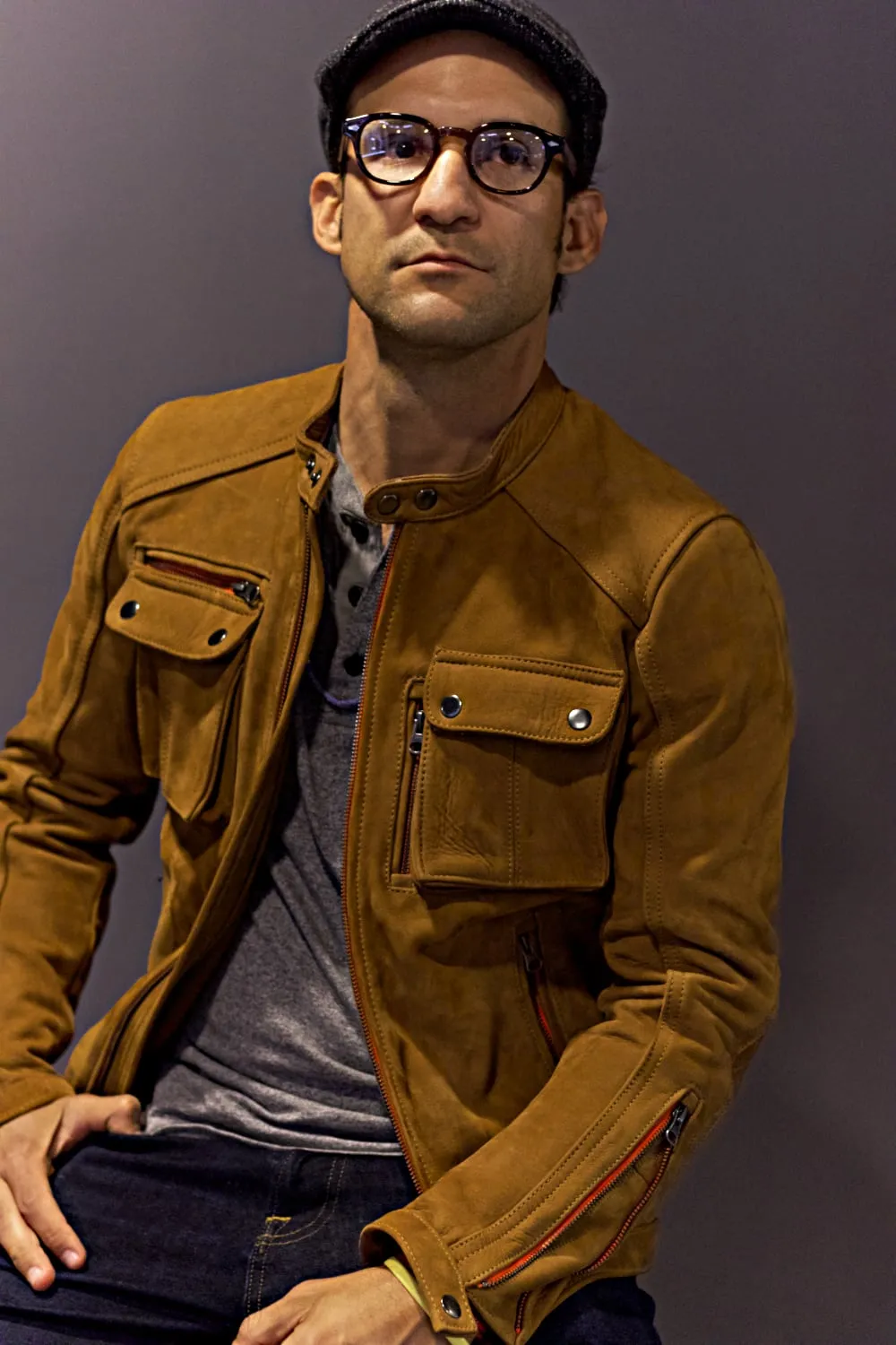 MI6 Leather Jacket - Double Cargo Pockets in Cinnamon Brown Suede