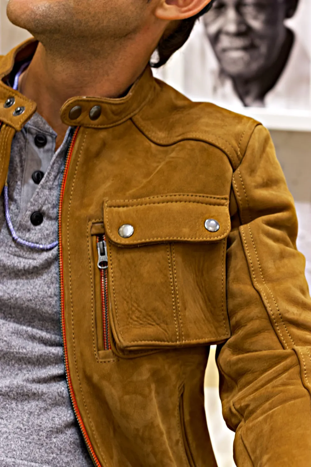 MI6 Leather Jacket - Double Cargo Pockets in Cinnamon Brown Suede