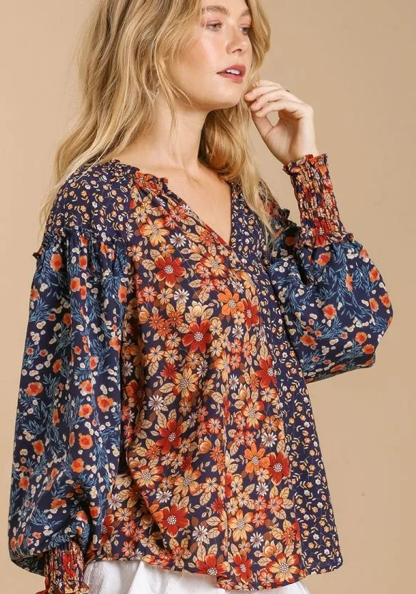 Mixed Floral Print Blouse, Navy