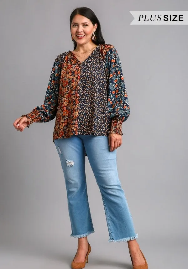 Mixed Floral Print Blouse, Navy