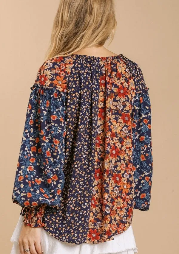 Mixed Floral Print Blouse, Navy