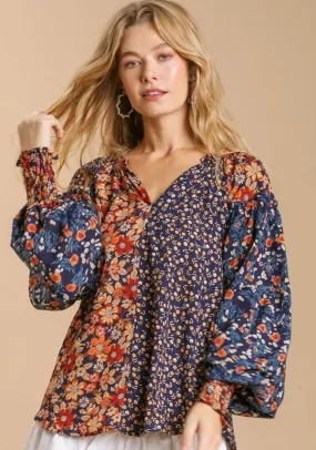 Mixed Floral Print Blouse, Navy