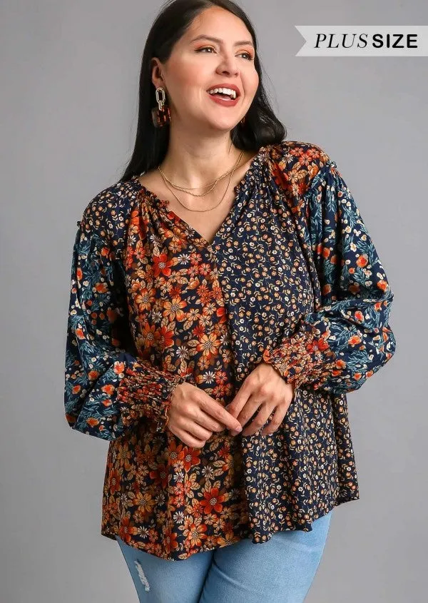 Mixed Floral Print Blouse, Navy