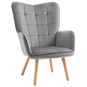 Modern Accent Chair Velvet-Touch Tufted Wingback Armchair Upholstered Leisure Lounge Sofa Club Chair with Wood Legs, Grey