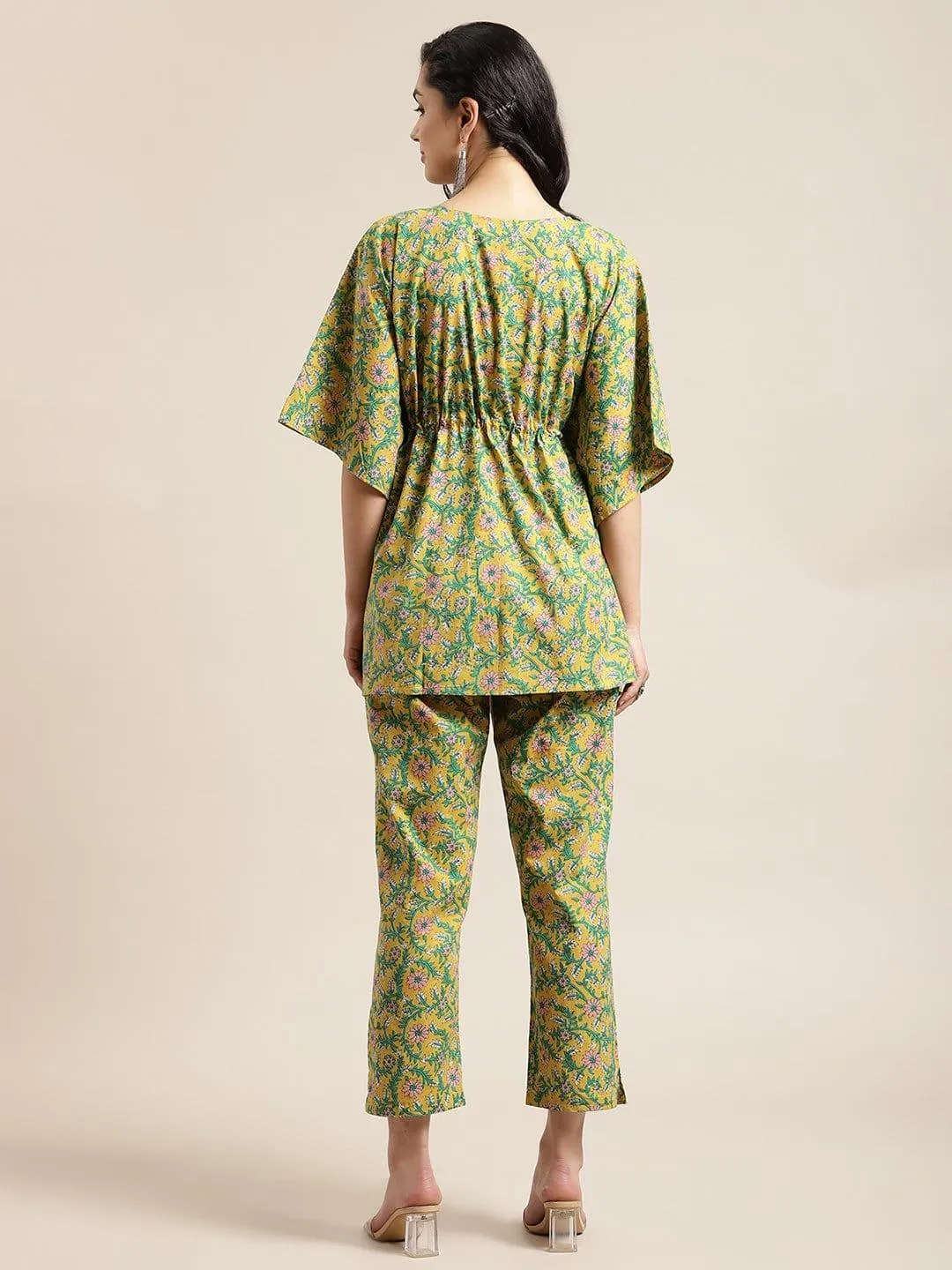 Mustard Floral Printed Kaftan Trouser Set