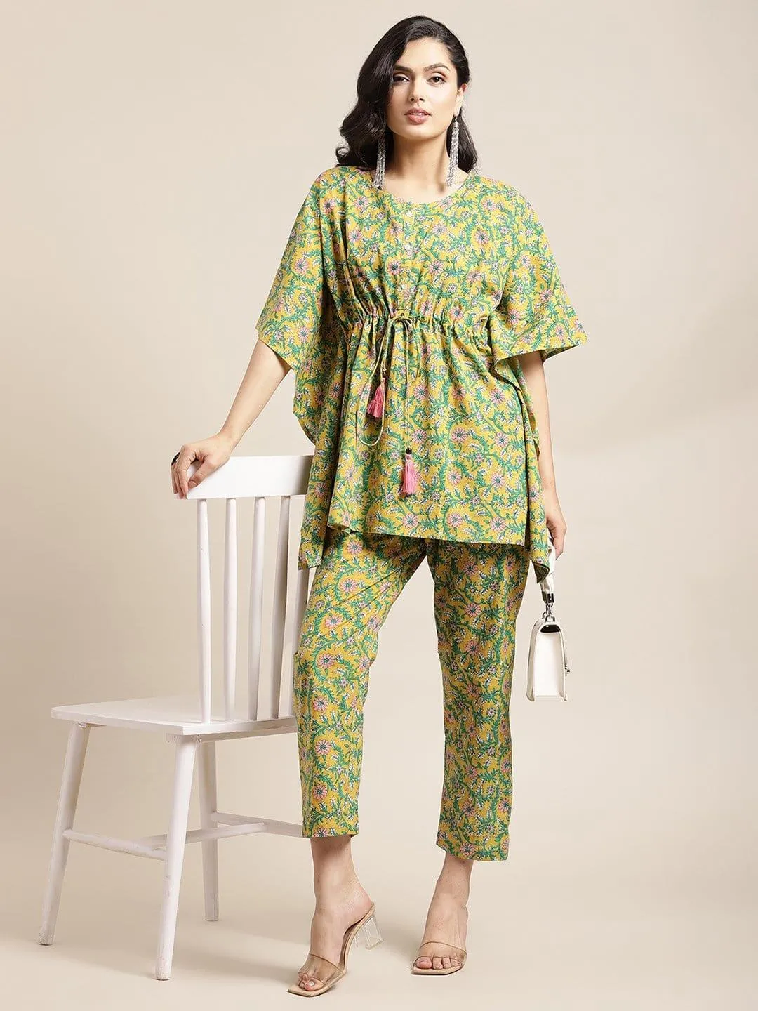 Mustard Floral Printed Kaftan Trouser Set