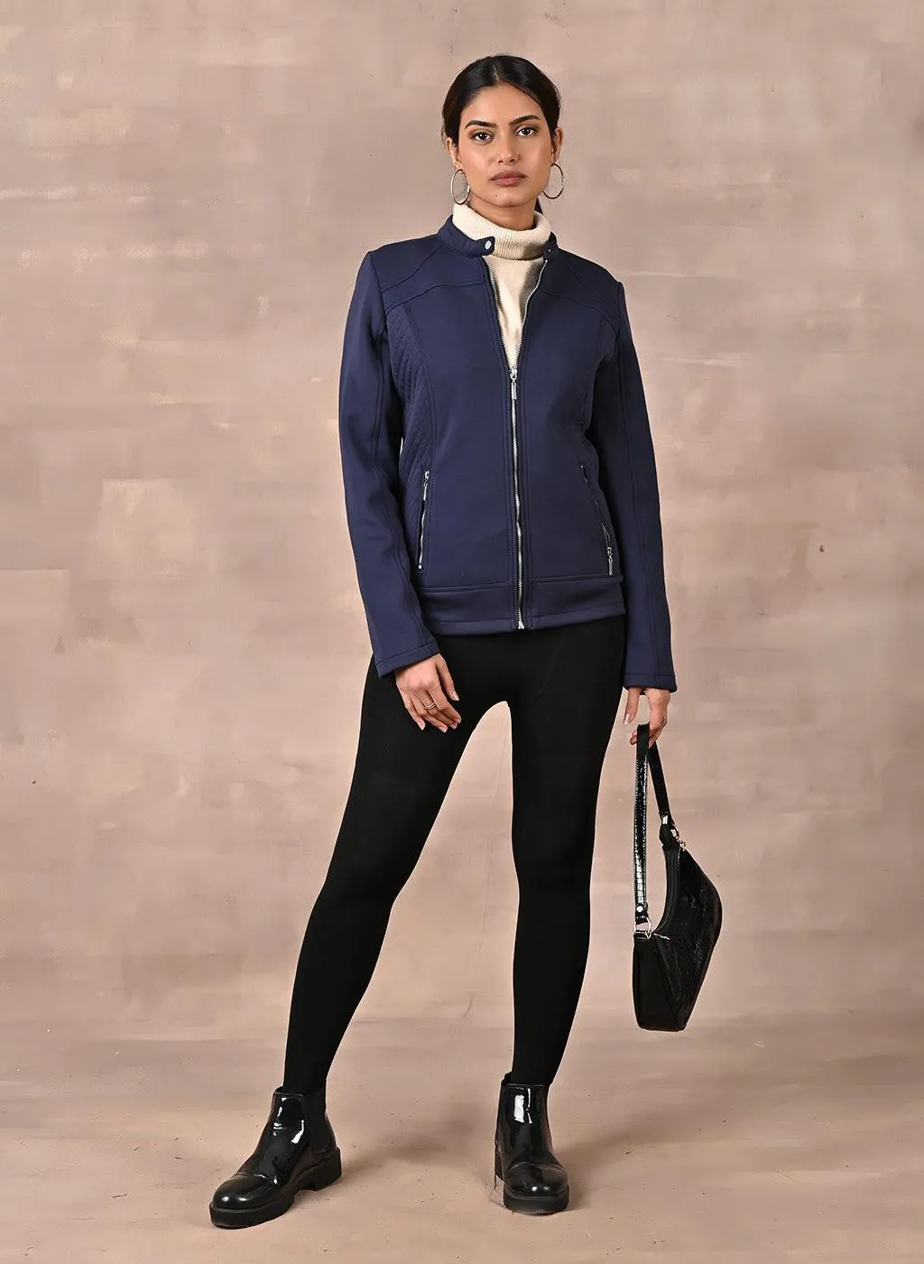 Navy Blue Quilted Jacket with Zipper Detail