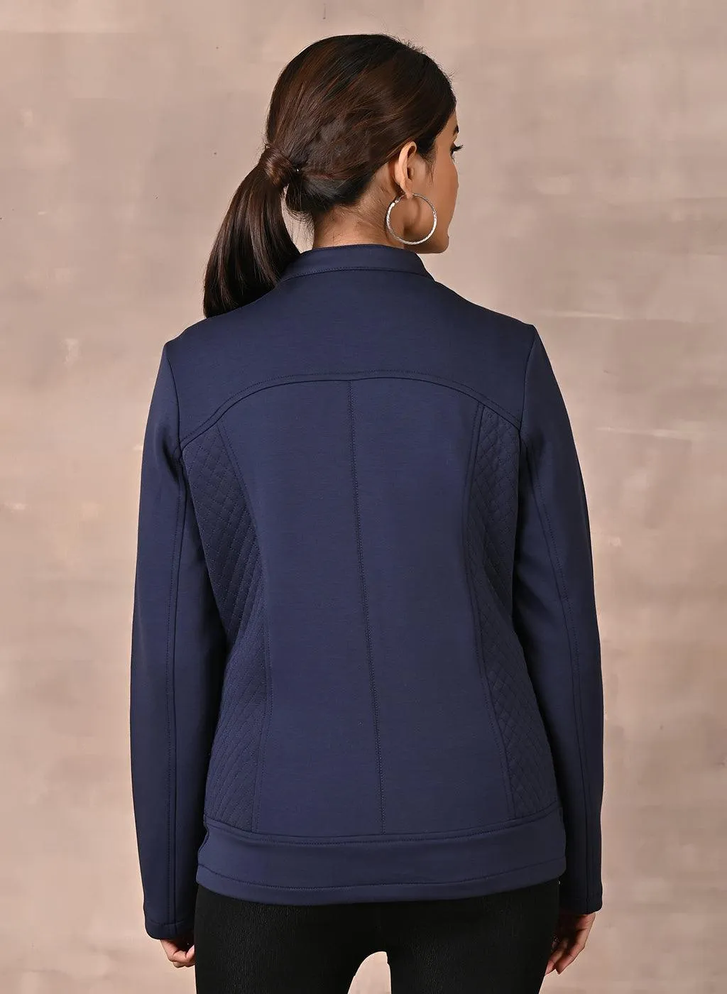 Navy Blue Quilted Jacket with Zipper Detail