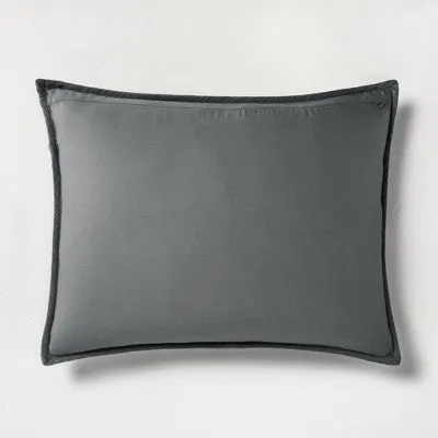 New - Casaluna Pillow Sham Linen-Blend OEKO-TEX Quilted Classic, Dark Gray, King