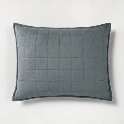 New - Casaluna Pillow Sham Linen-Blend OEKO-TEX Quilted Classic, Dark Gray, King