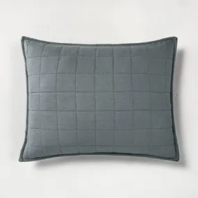 New - Casaluna Pillow Sham Linen-Blend OEKO-TEX Quilted Classic, Dark Gray, King