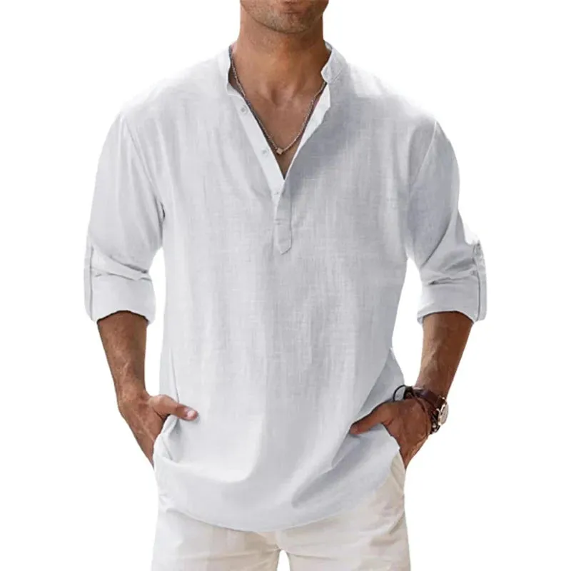 New Cotton Linen Shirts for Men Casual Shirts Lightweight Long Sleeve Henley Beach Shirts Hawaiian T Shirts for Men