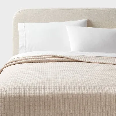 New - Full/Queen Jersey Quilt Oatmeal Heather - Threshold: Cotton Knitted Coverlet, Heavyweight Fabric, Machine Washable