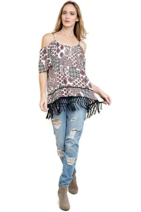 Off The Shoulder Fringe Top, Coral Mix