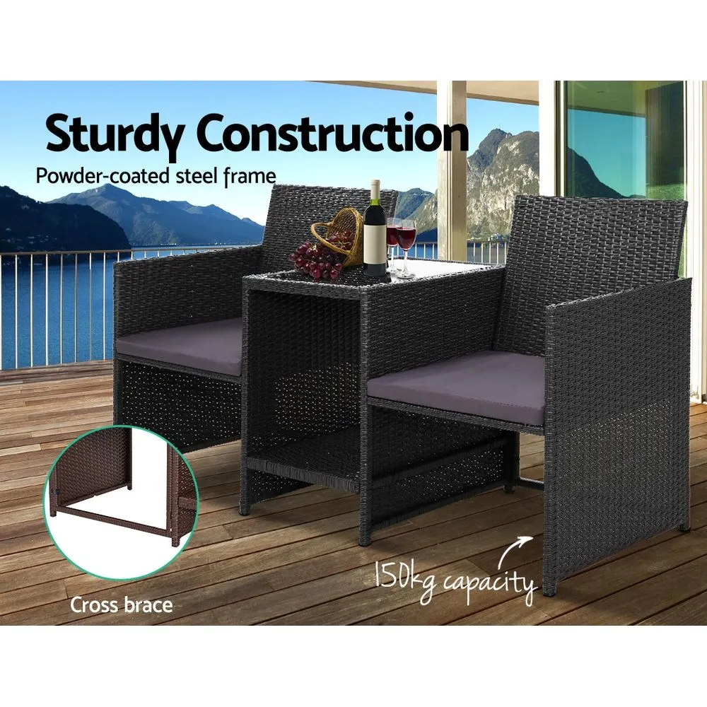 Outdoor Setting Wicker Loveseat Bistro Set Patio Garden Furniture Jack & Jill Black