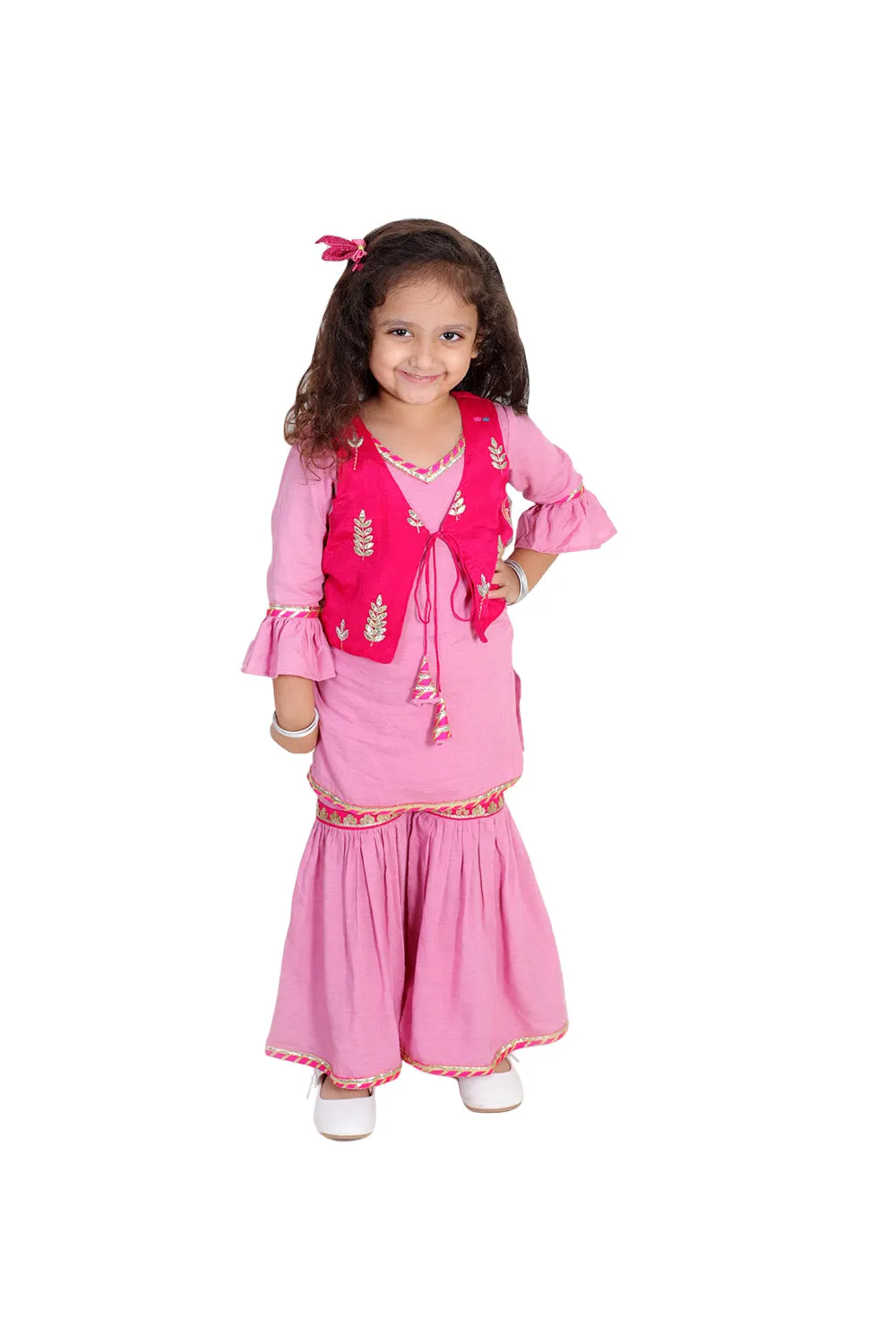 Pink kurta with sharara and embroidered jacket