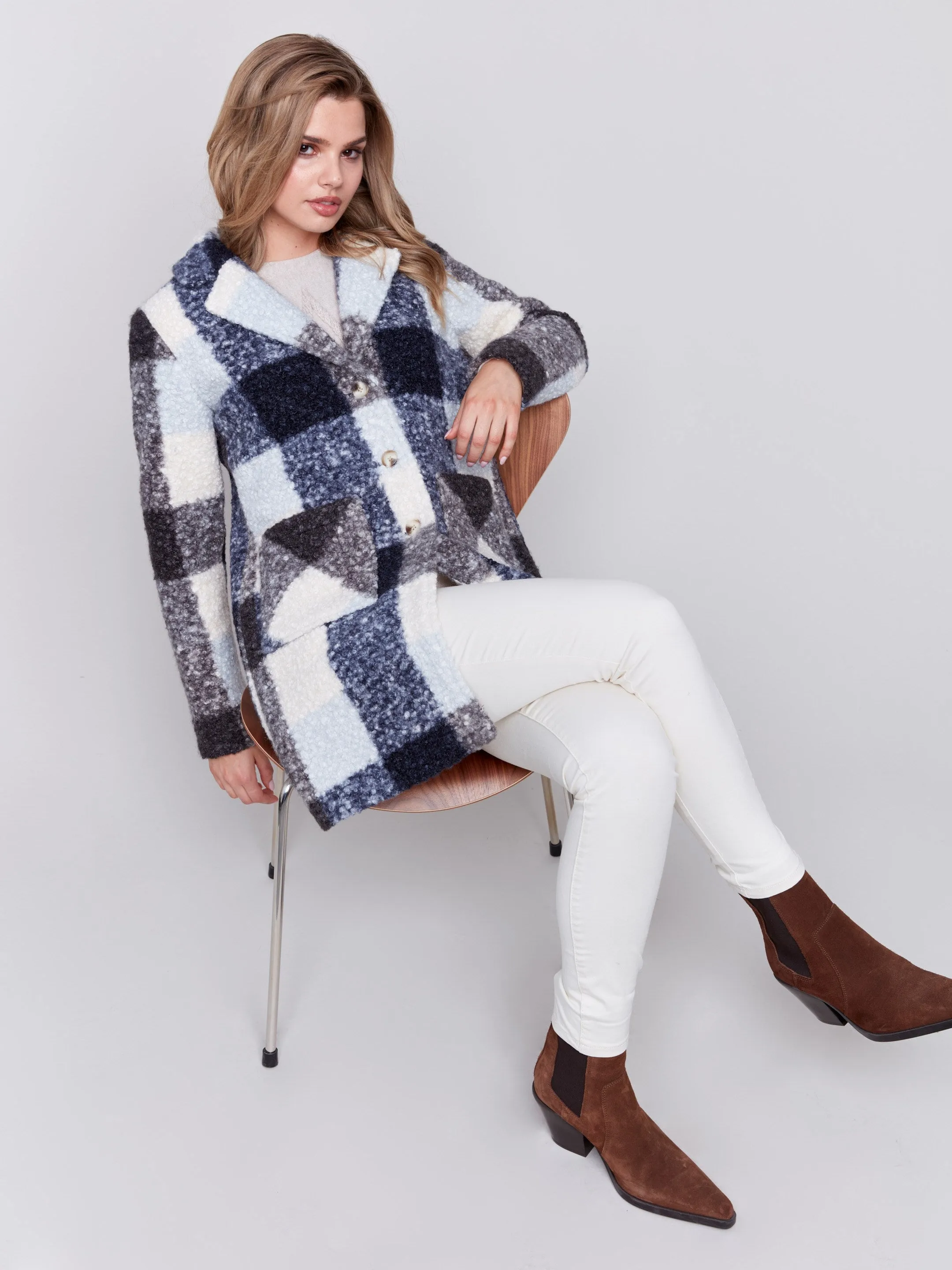 Plaid Bouclé Knit Coat - Navy