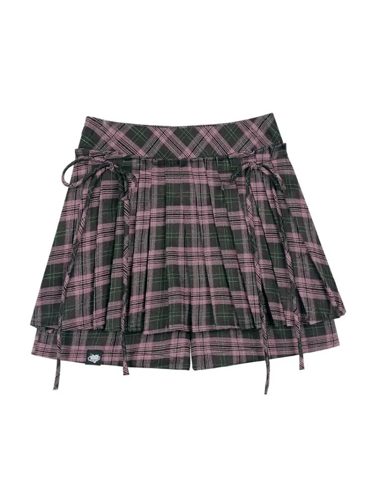 Plaid Ribbon Pleated Culottes【s0000008887】