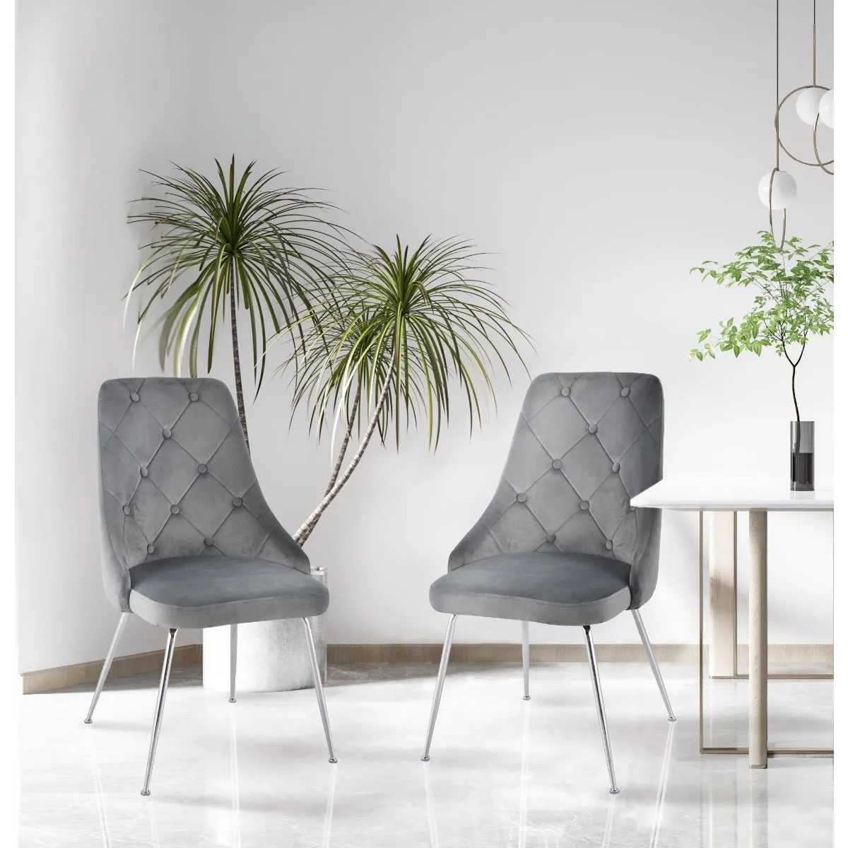 Plumeria Grey Velvet Chair with Chrome Legs - Set of 2