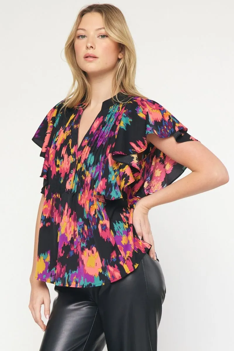 Printed Pintuck Blouse, Black