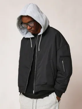 Regular Fit Zip-Up Bomber Jacket With Removable Hoodie