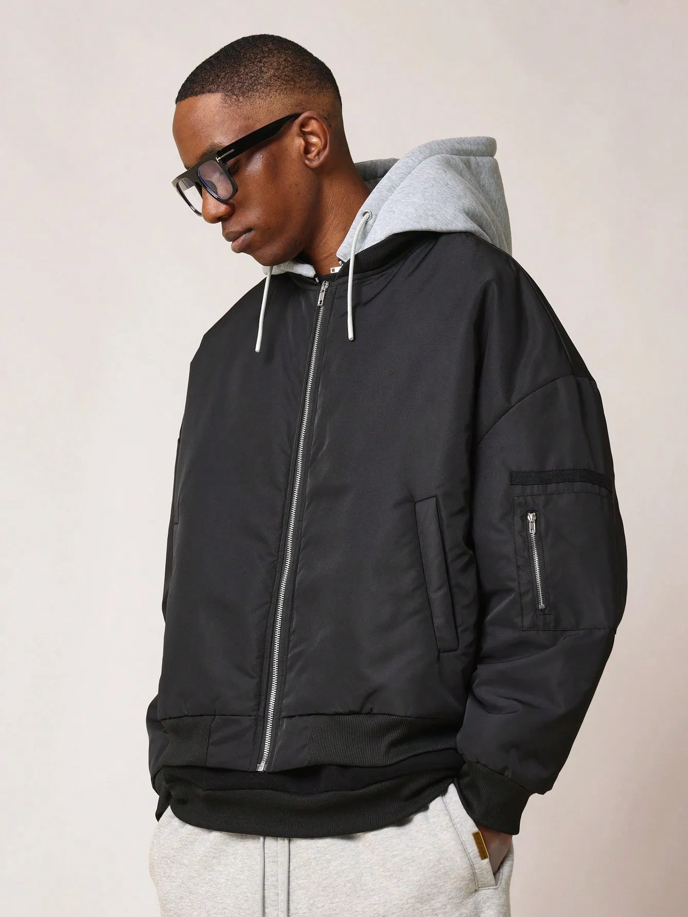 Regular Fit Zip-Up Bomber Jacket With Removable Hoodie