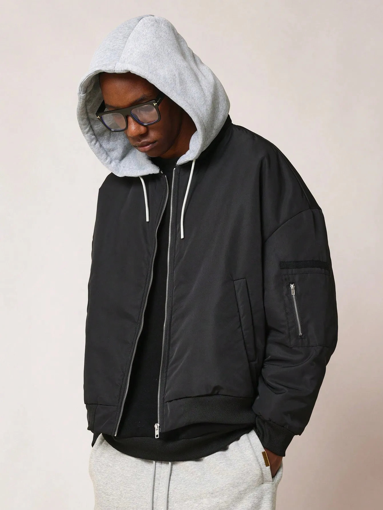 Regular Fit Zip-Up Bomber Jacket With Removable Hoodie