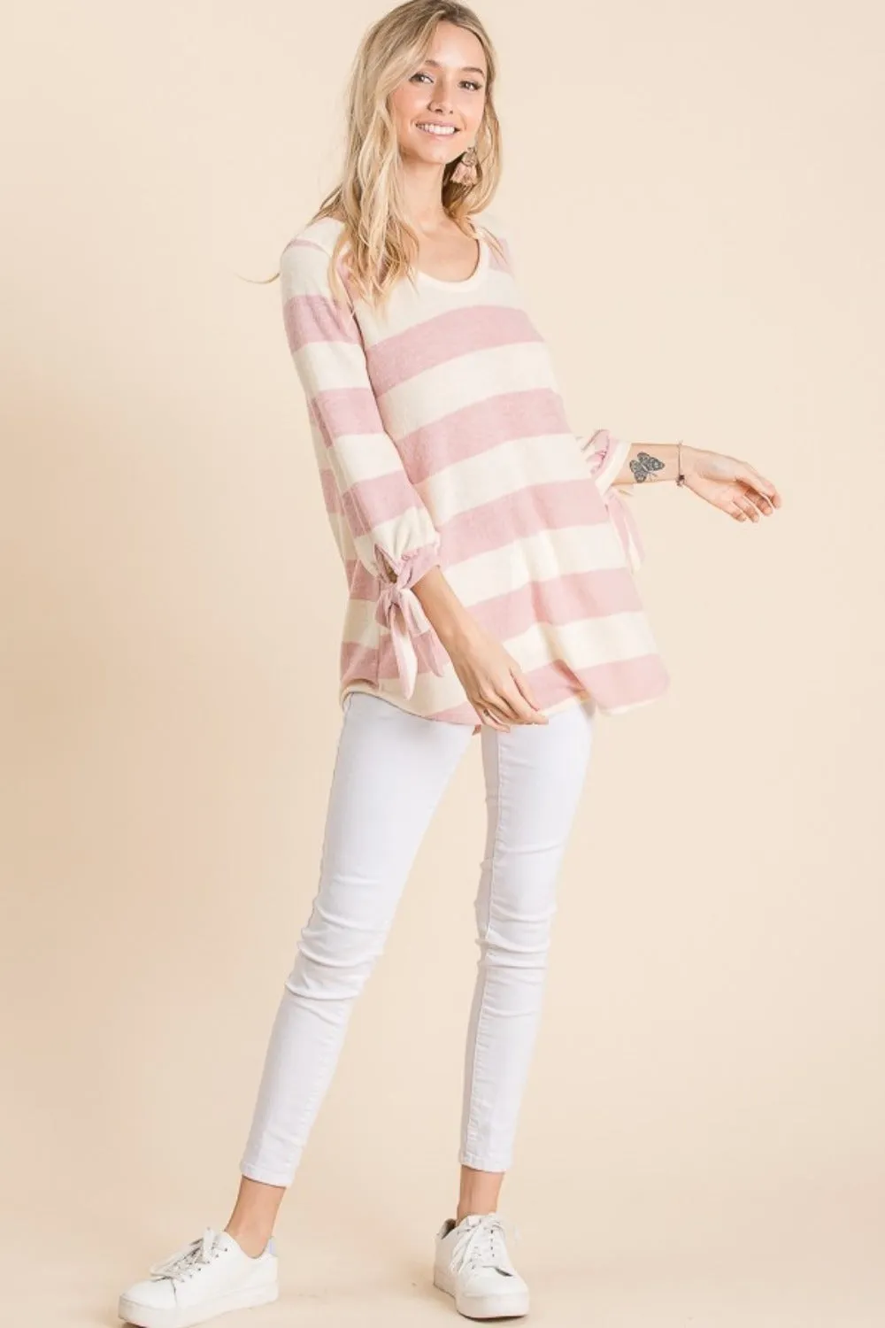 Ribbon Cuff Contrast Striped Hacci Top