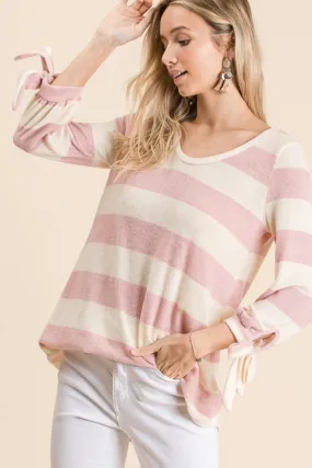 Ribbon Cuff Contrast Striped Hacci Top