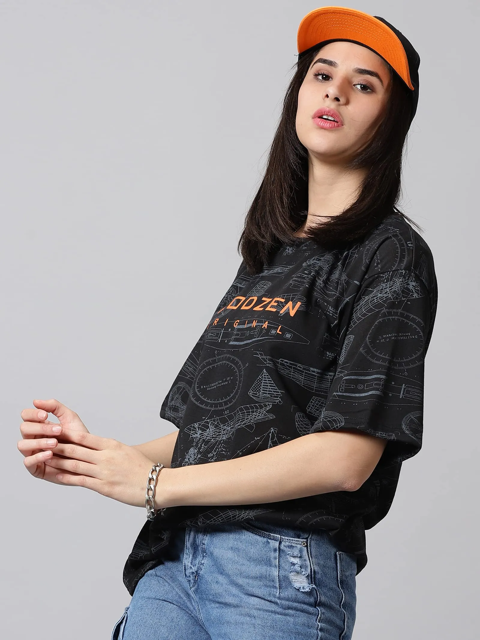 RodZen Oversized Loose Fit Cotton Blend Round Neck Boat Printed T-Shirt for Womens/Girls (Black, XL)