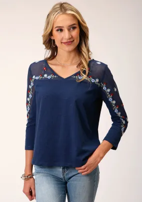 Roper Womens Floral Mesh Blue 100% Cotton 3/4 Sleeve S/S Tunic