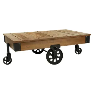 Rustic Poplar & Black Metal Cocktail Table with Decorative Casters, Solid Wood