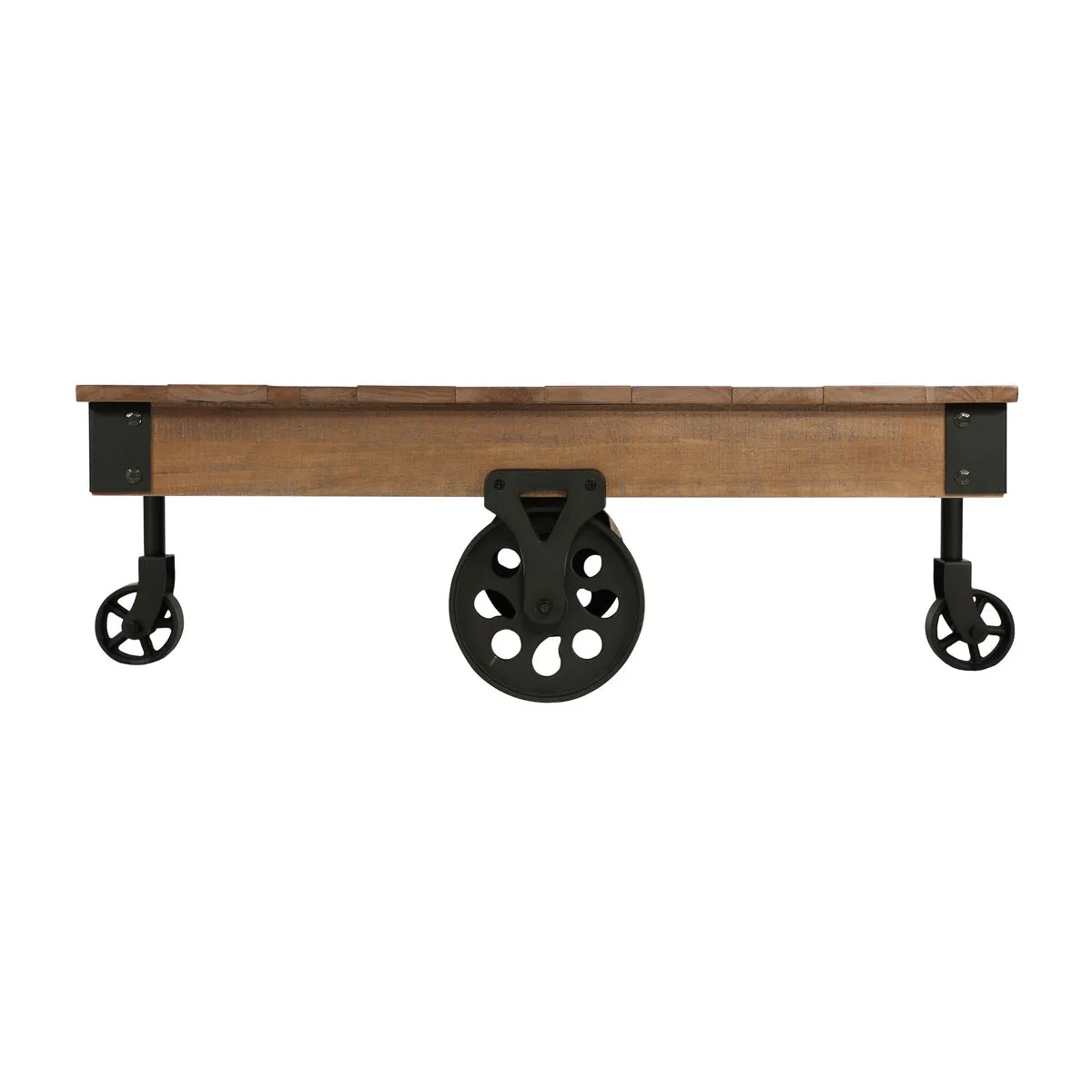 Rustic Poplar & Black Metal Cocktail Table with Decorative Casters, Solid Wood